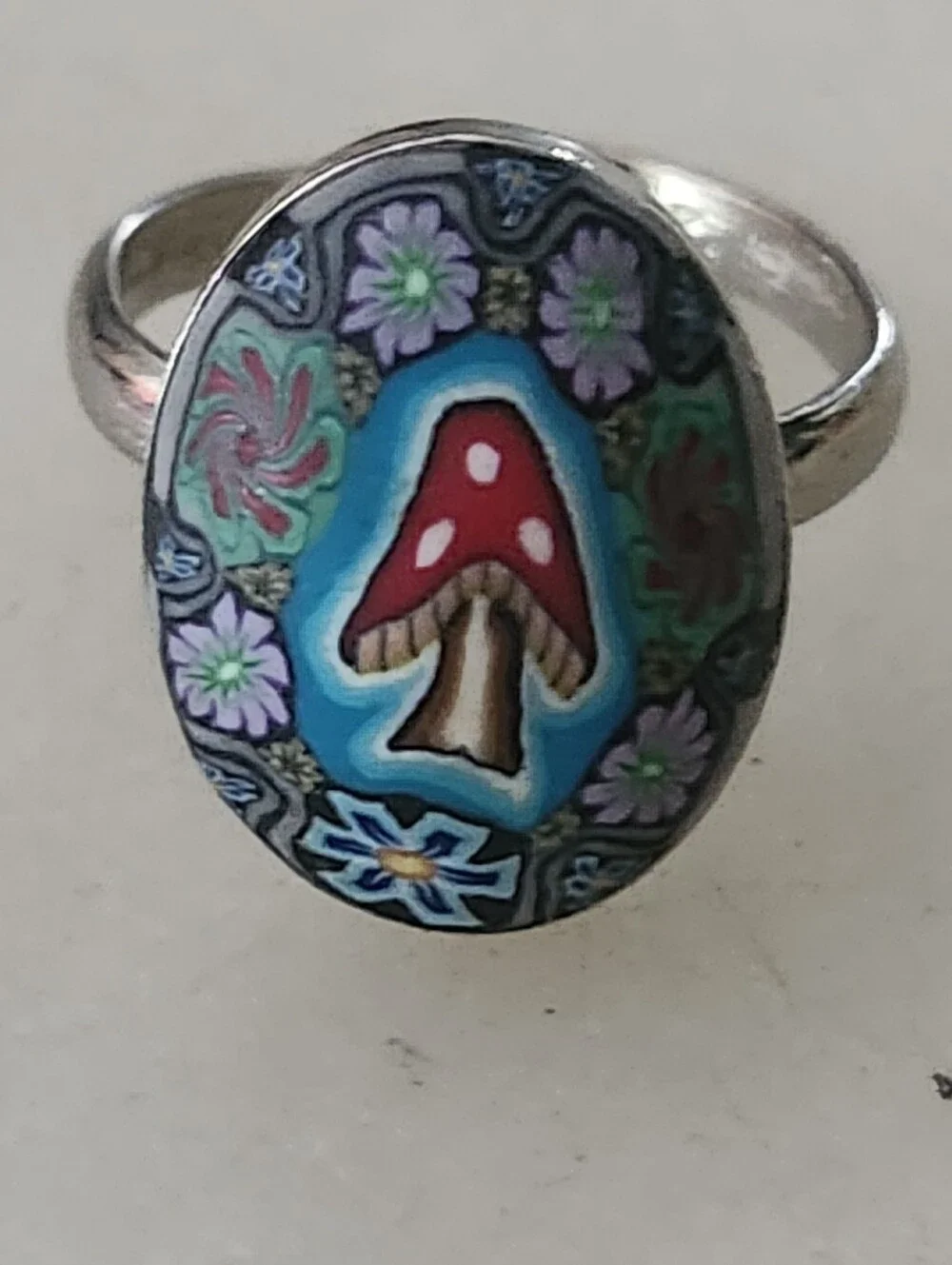 Red Mushroom Cloisonné-Style Statement Ring-adjustable